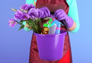 Housewife holding bucket with cleaning equipment on color backgr